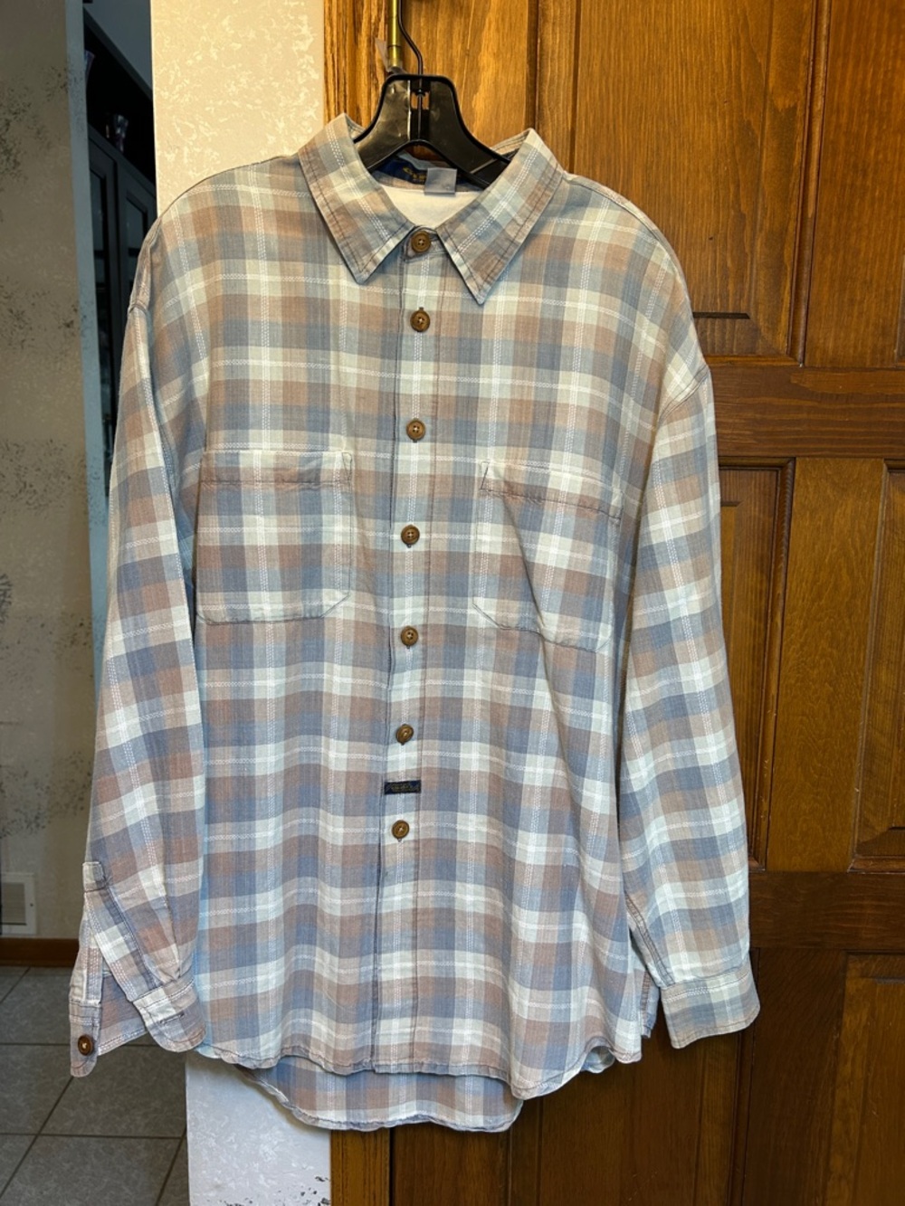 Marithe + Francois Girbaud Plaid Button-Up Shirt in Light Blue & Tan